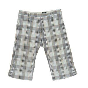 Vintage Energie Plaid Shorts Men’s 32 Blue Gray Check Flat Front Y2K